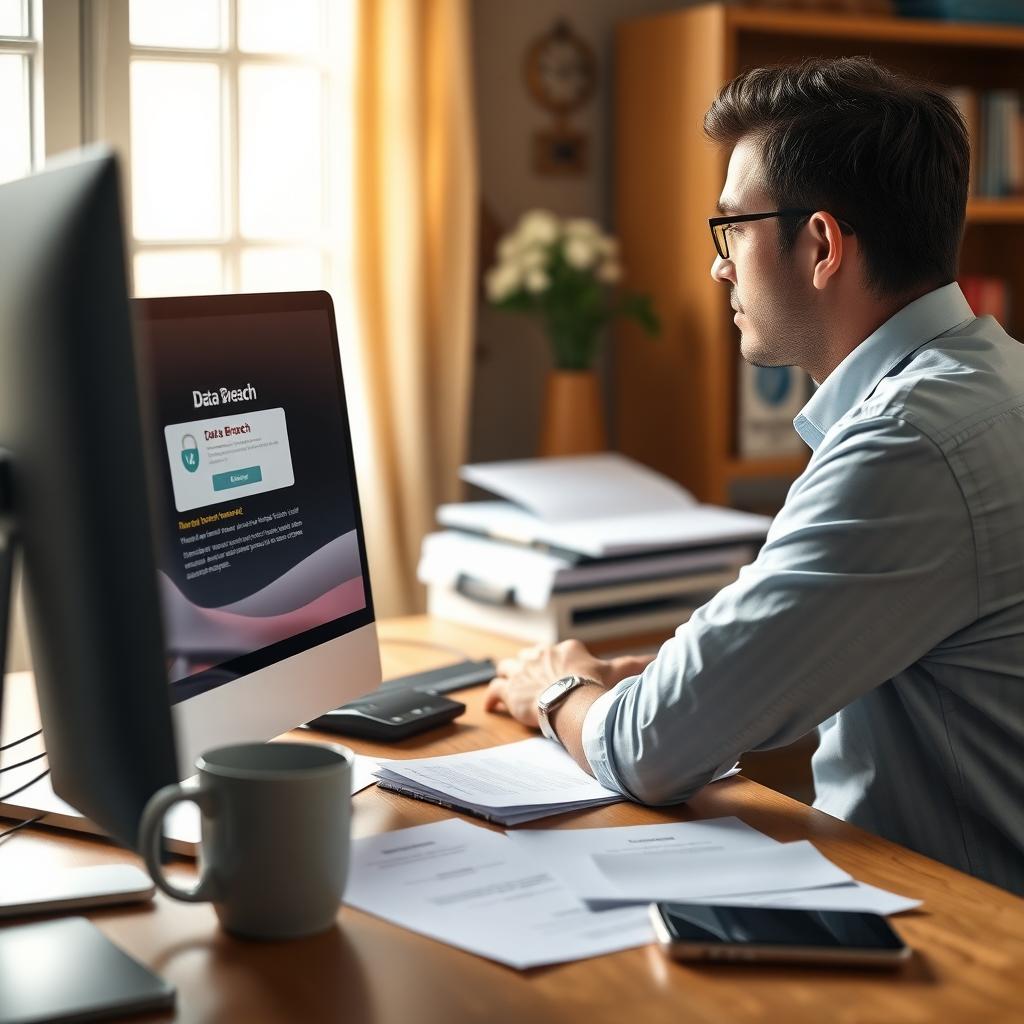 Person at a desk reacting to a data breach warning on their computer screen in a home office.