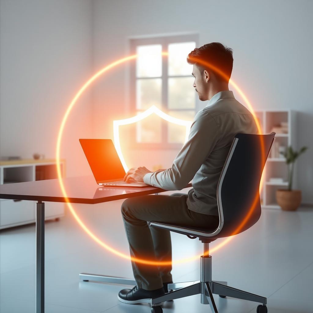 Person working on a laptop with a digital shield symbolizing online privacy protection in a modern home office.