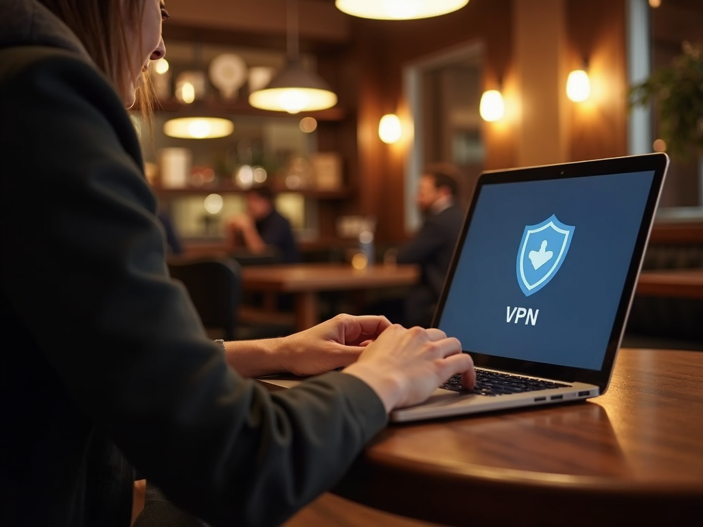 Person using VPN on laptop in coffee shop