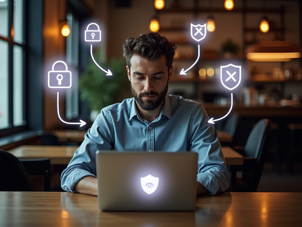 Person at coffee shop using laptop with privacy icons