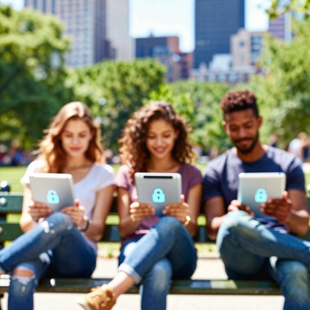 Friends using secure online privacy tools while enjoying time outdoors