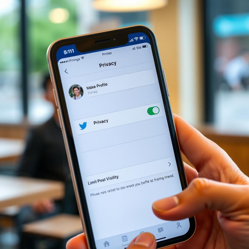Smartphone showing social media privacy settings in a coffee shop