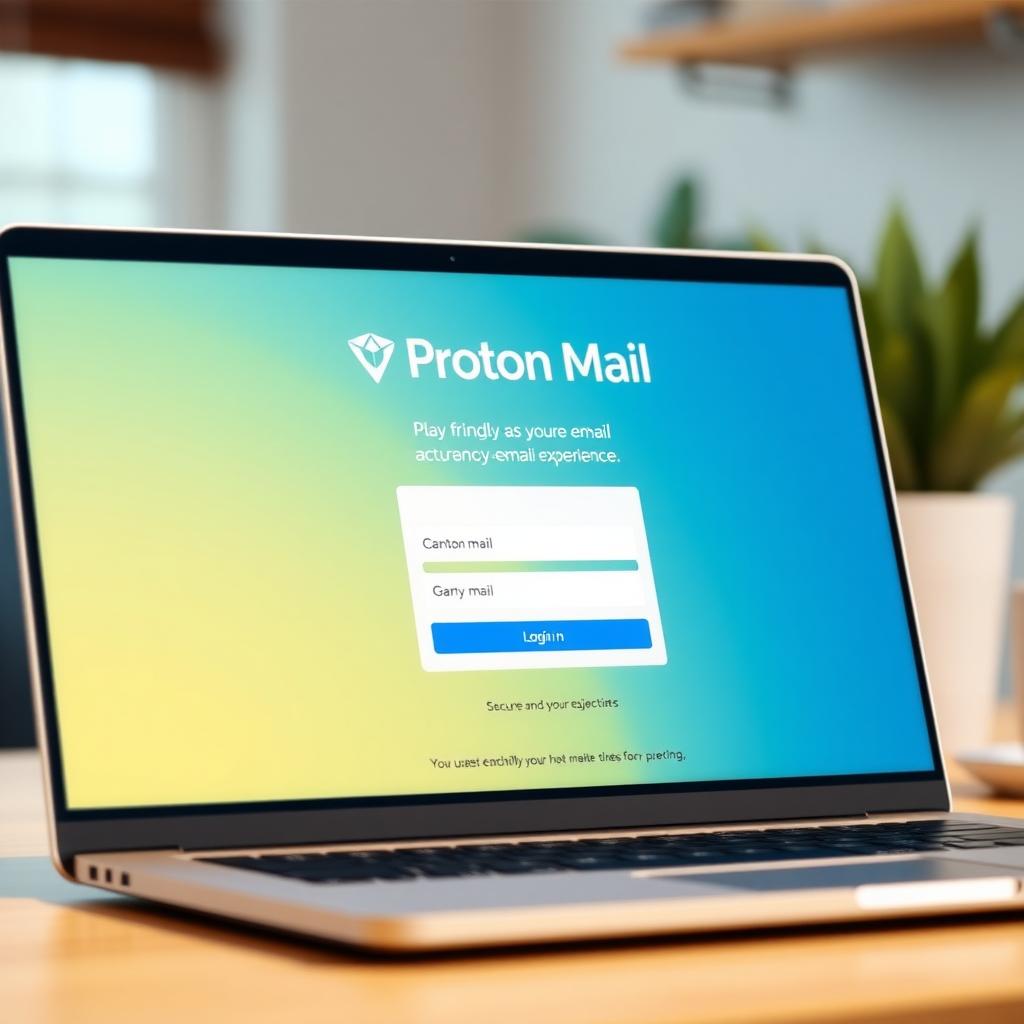 Laptop screen showing the Proton Mail login page in a cozy home office with a coffee mug and plant.
