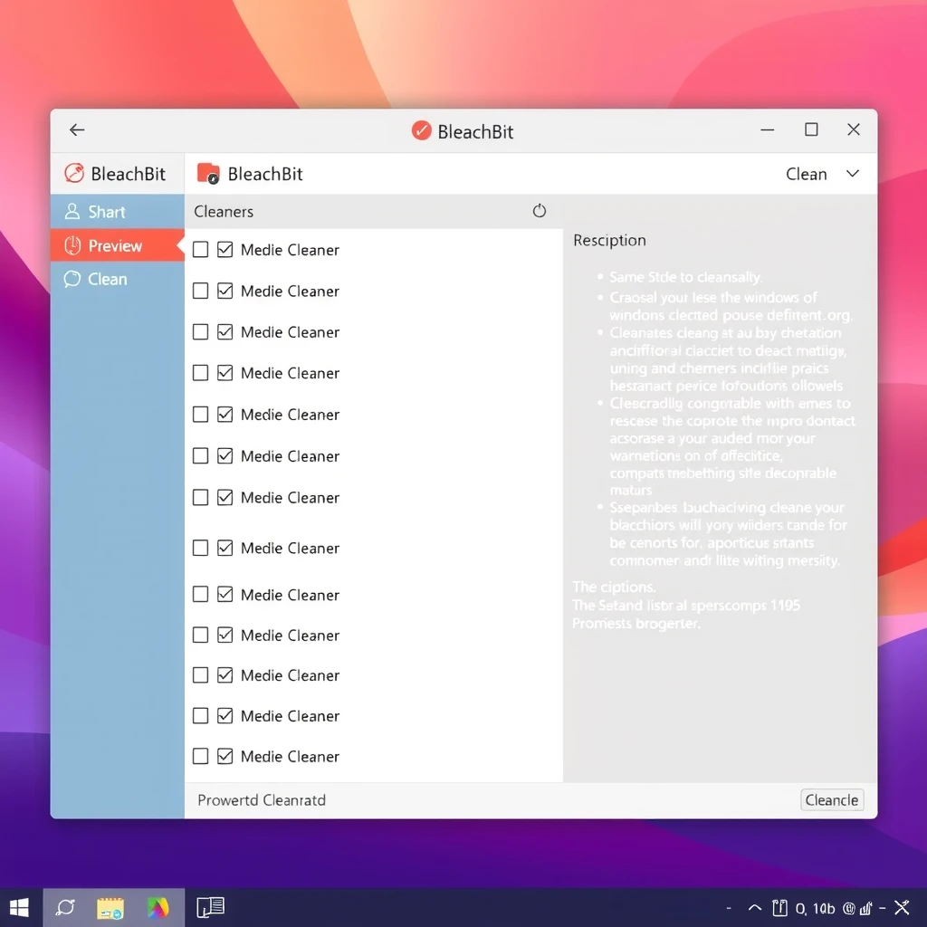 Screenshot of BleachBit main interface displaying available cleaners and options