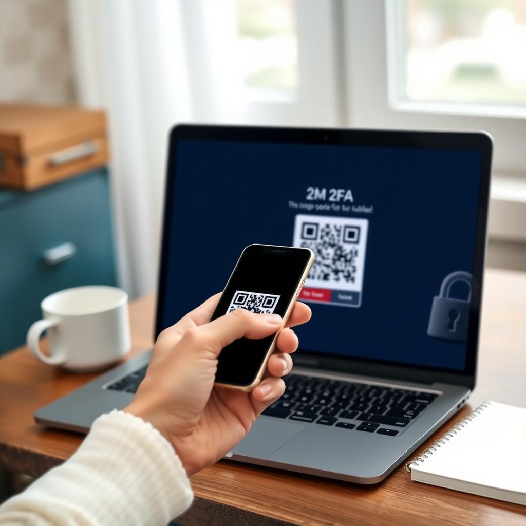 Person scanning a QR code on a smartphone for 2FA setup in a cozy home office.