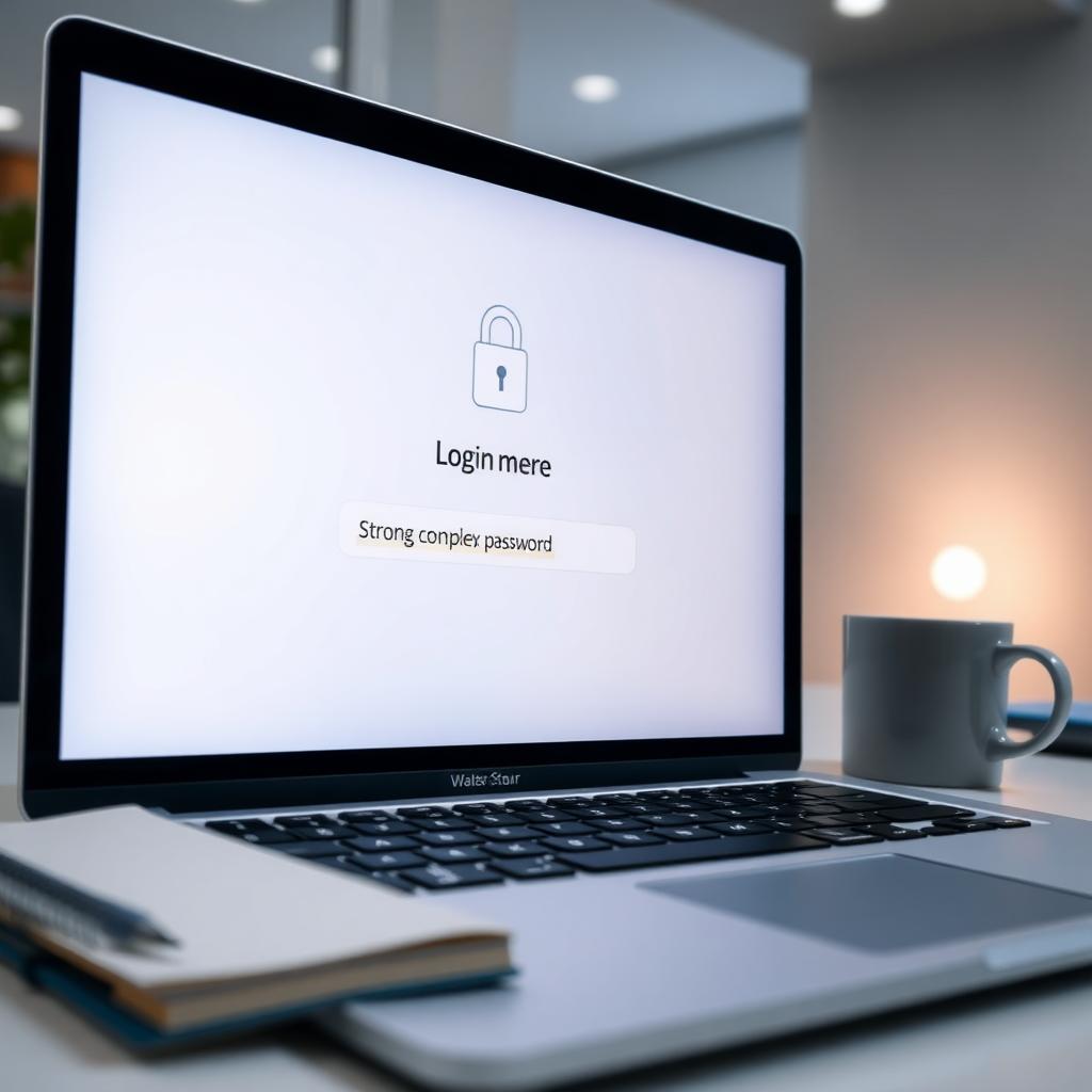 Laptop screen showing a login page with a complex password being entered