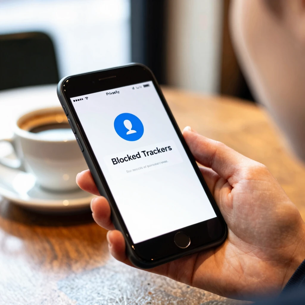 Person using a privacy-focused mobile browser on smartphone in a cafe setting