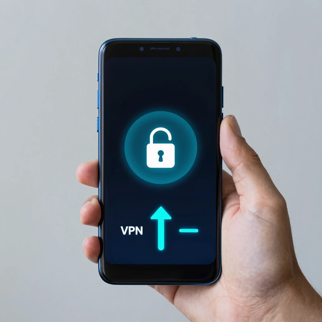 Person using Android phone with active VPN and security icons