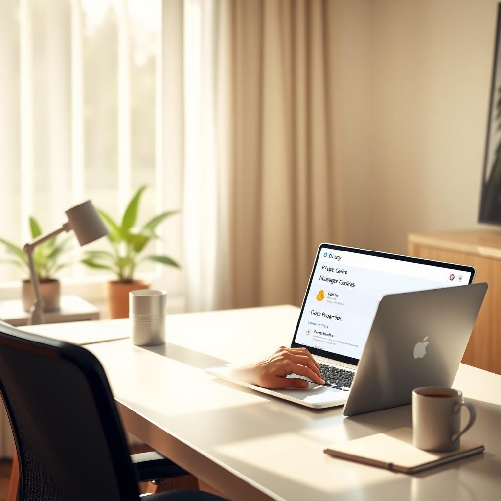 Person adjusting privacy settings on a laptop in a cozy home office