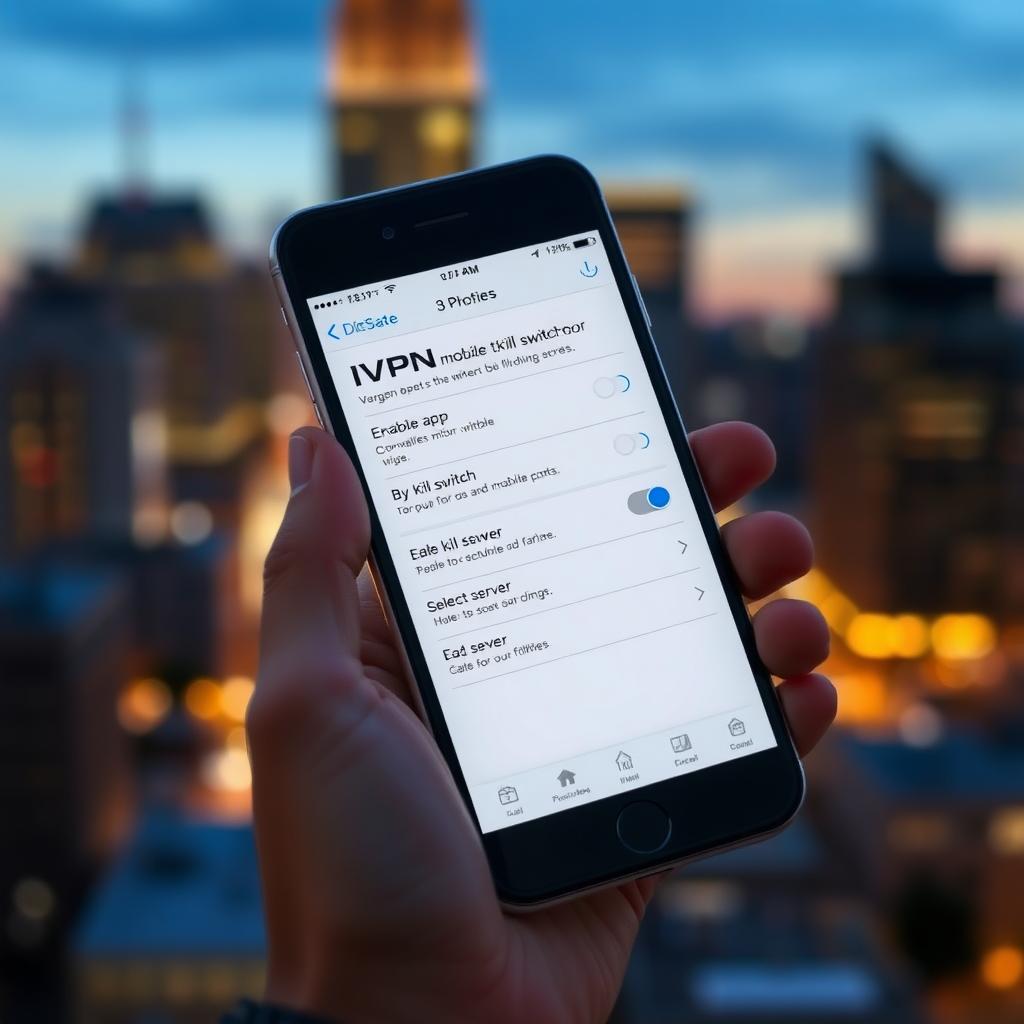 Smartphone showing IVPN app settings with a cityscape background