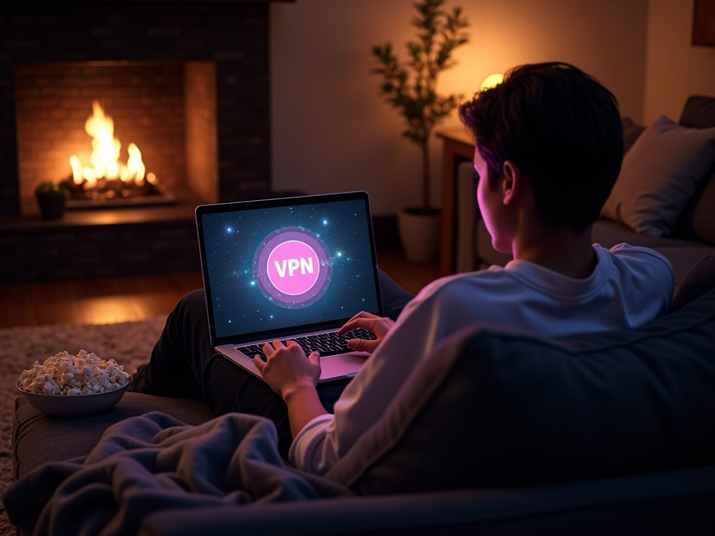 A person streaming a movie with a VPN on a laptop