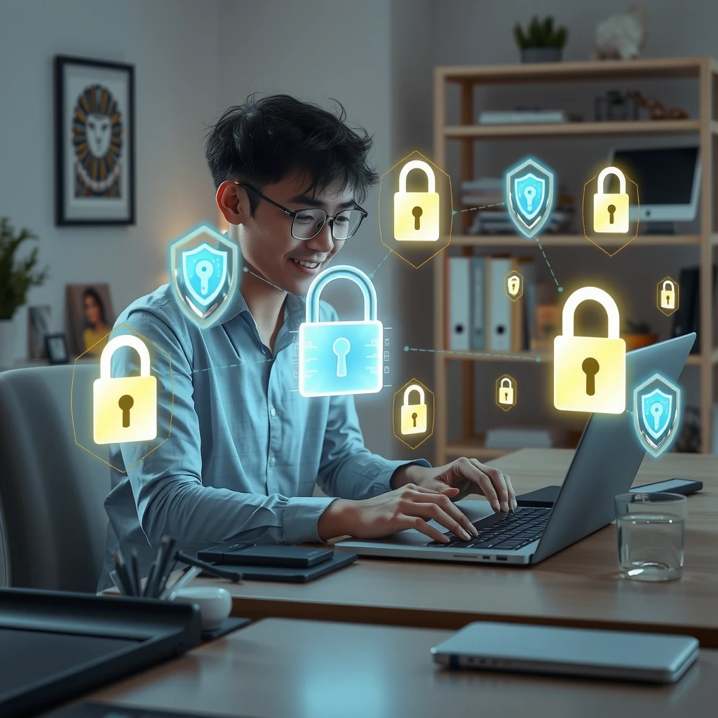 Person using laptop protected by digital security shields and locks