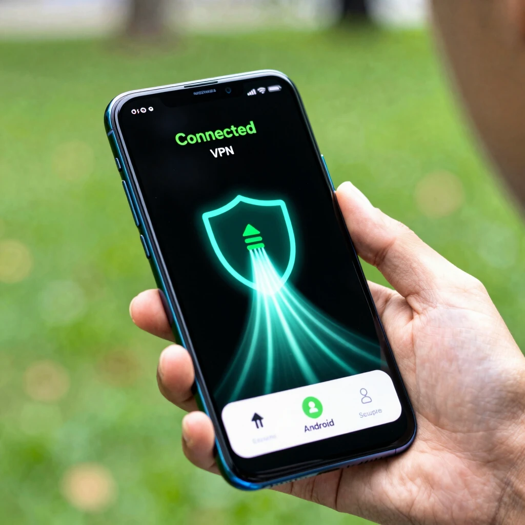 Android phone displaying active VPN connection with secure encryption visualization