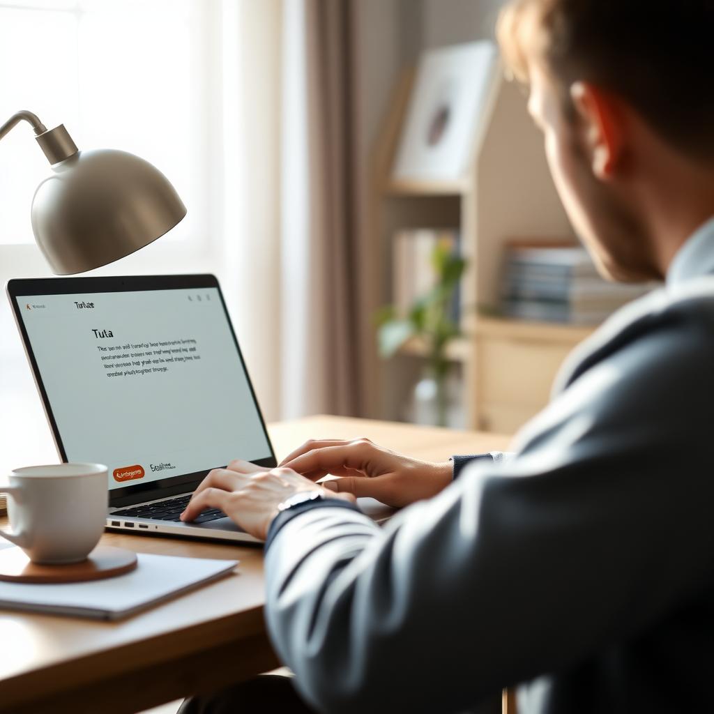 A person using Tuta email on a laptop in a cozy home office.