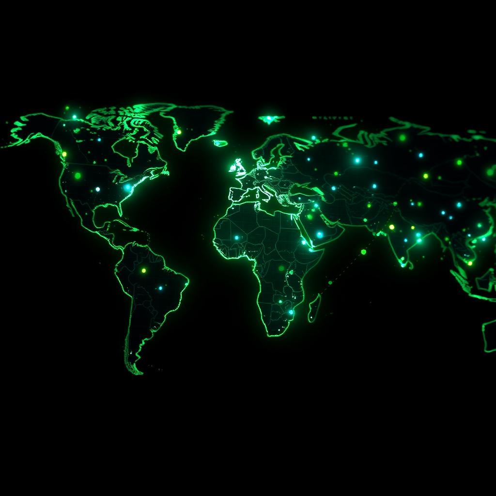 Digital world map with glowing encrypted data streams connecting VPN servers worldwide.