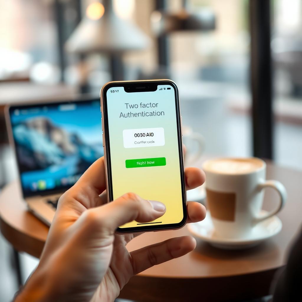 Smartphone displaying a two-factor authentication app in a coffee shop setting.