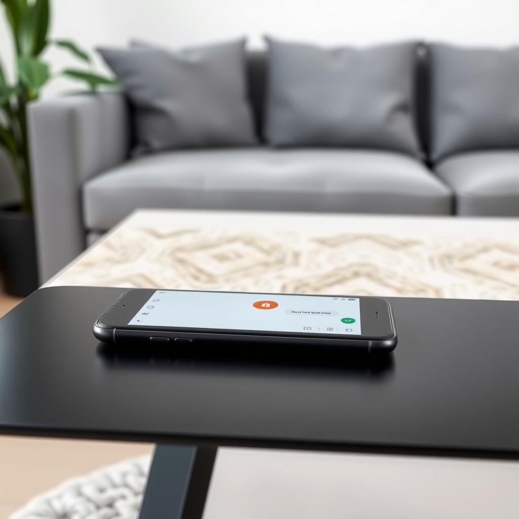 Smartphone showing Signal messaging app on a black table in a modern living room