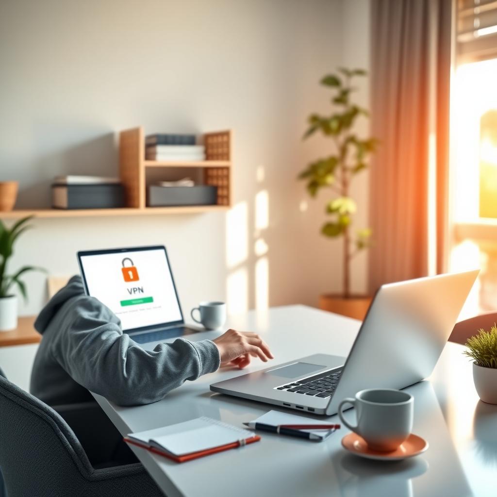 Person using a laptop with a VPN interface in a cozy home office