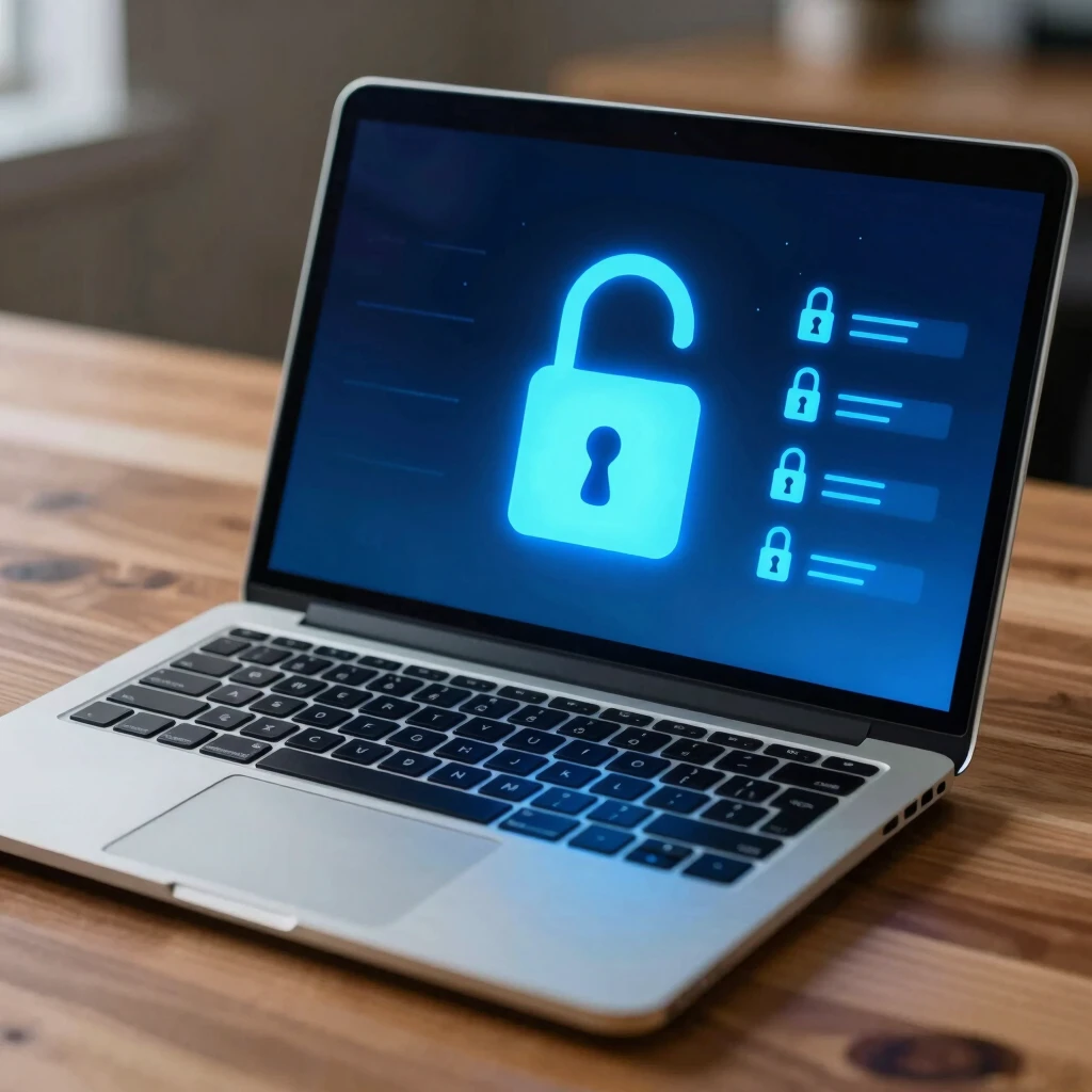 Secure laptop with digital padlock protecting online logins