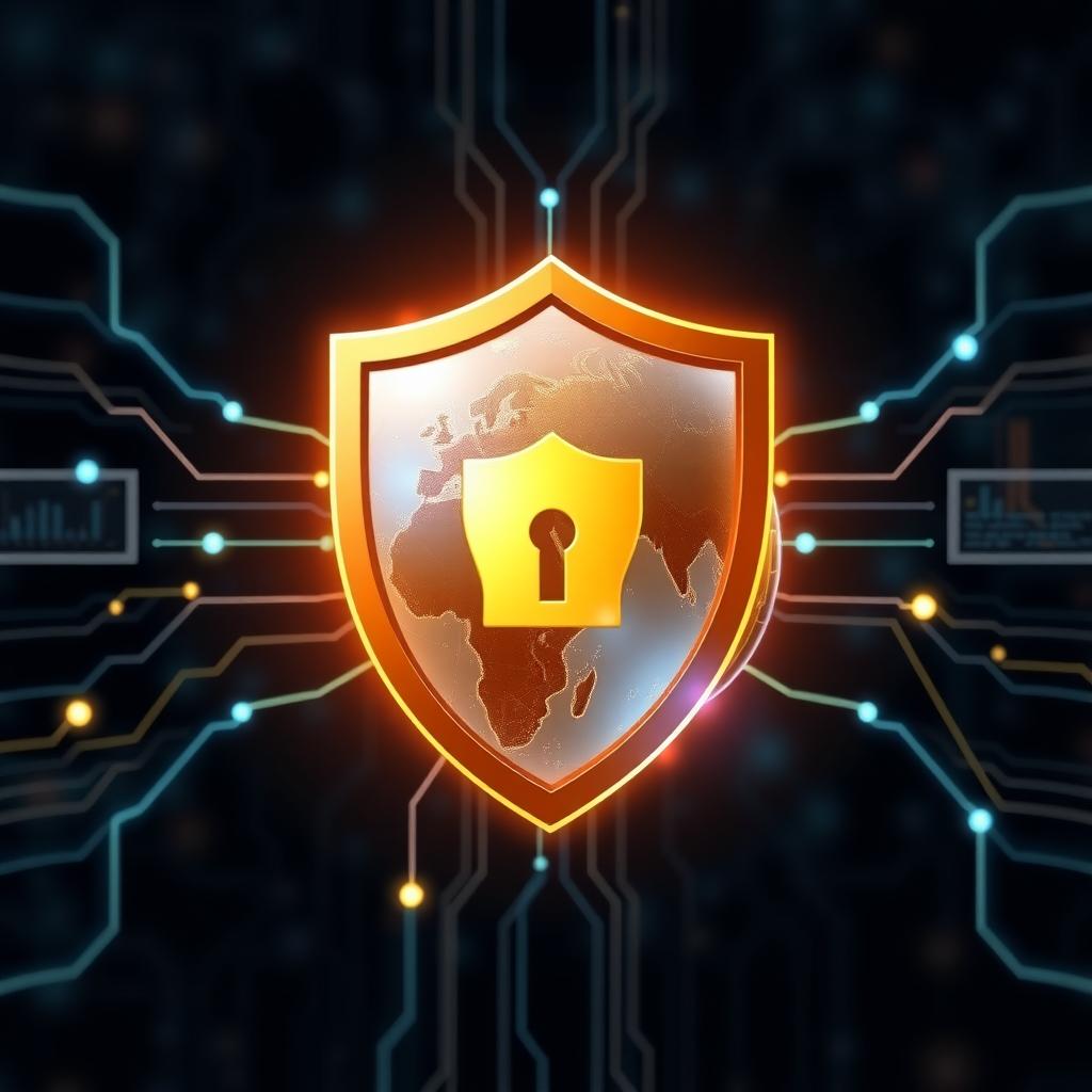 Artwork of a shield guarding a globe against data streams.