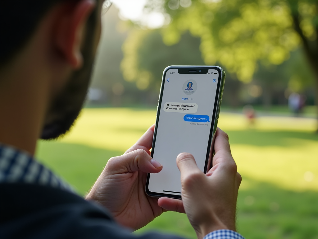 Hand holding a smartphone in a park, displaying the Signal app with a self-destructing message notification.