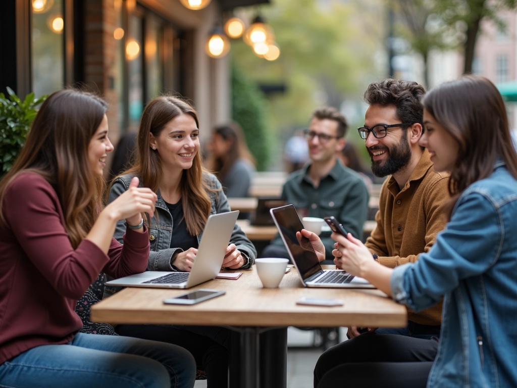 Friends discussing online privacy at outdoor café