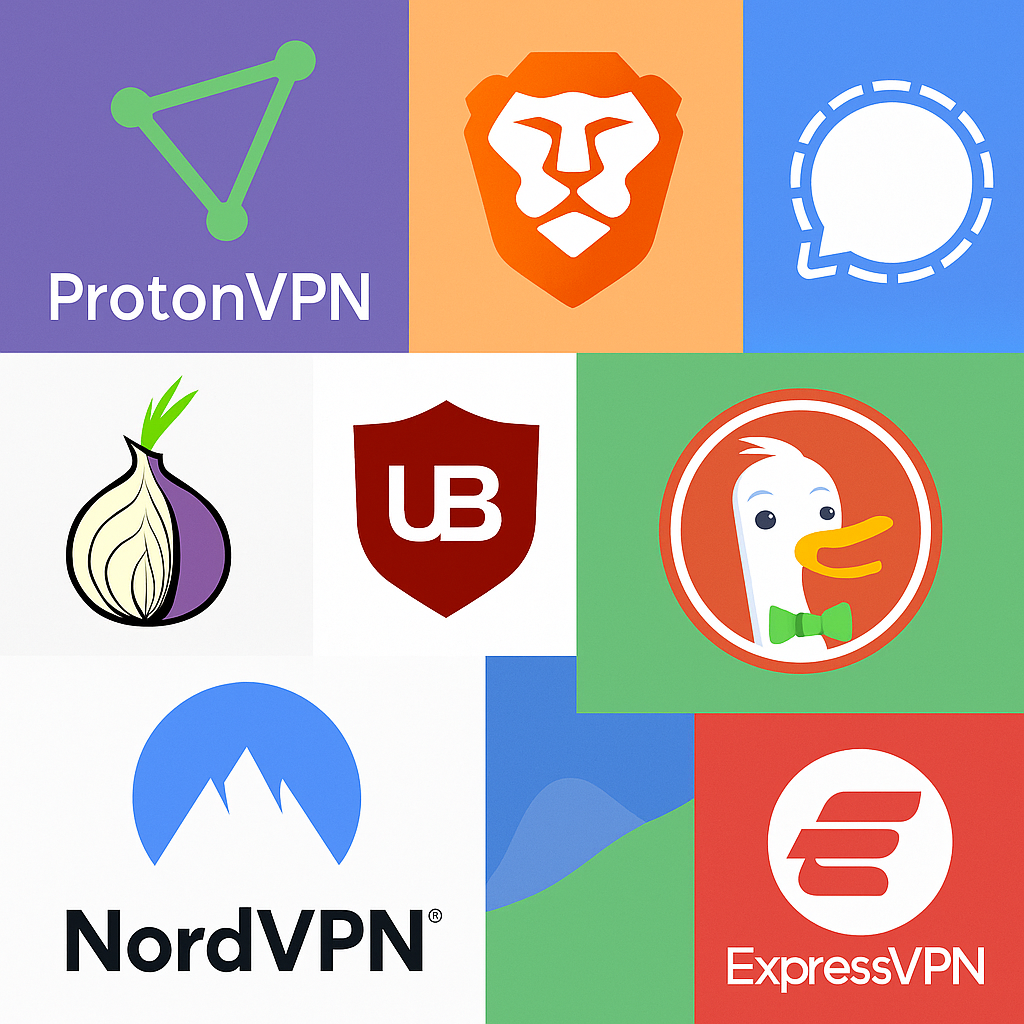 Collage of privacy tool logos.
