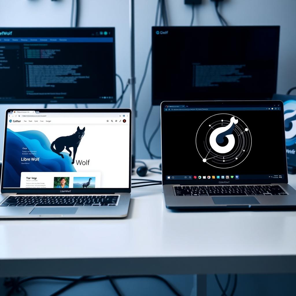 Two laptops displaying LibreWolf and Tor browsers in a tech workspace