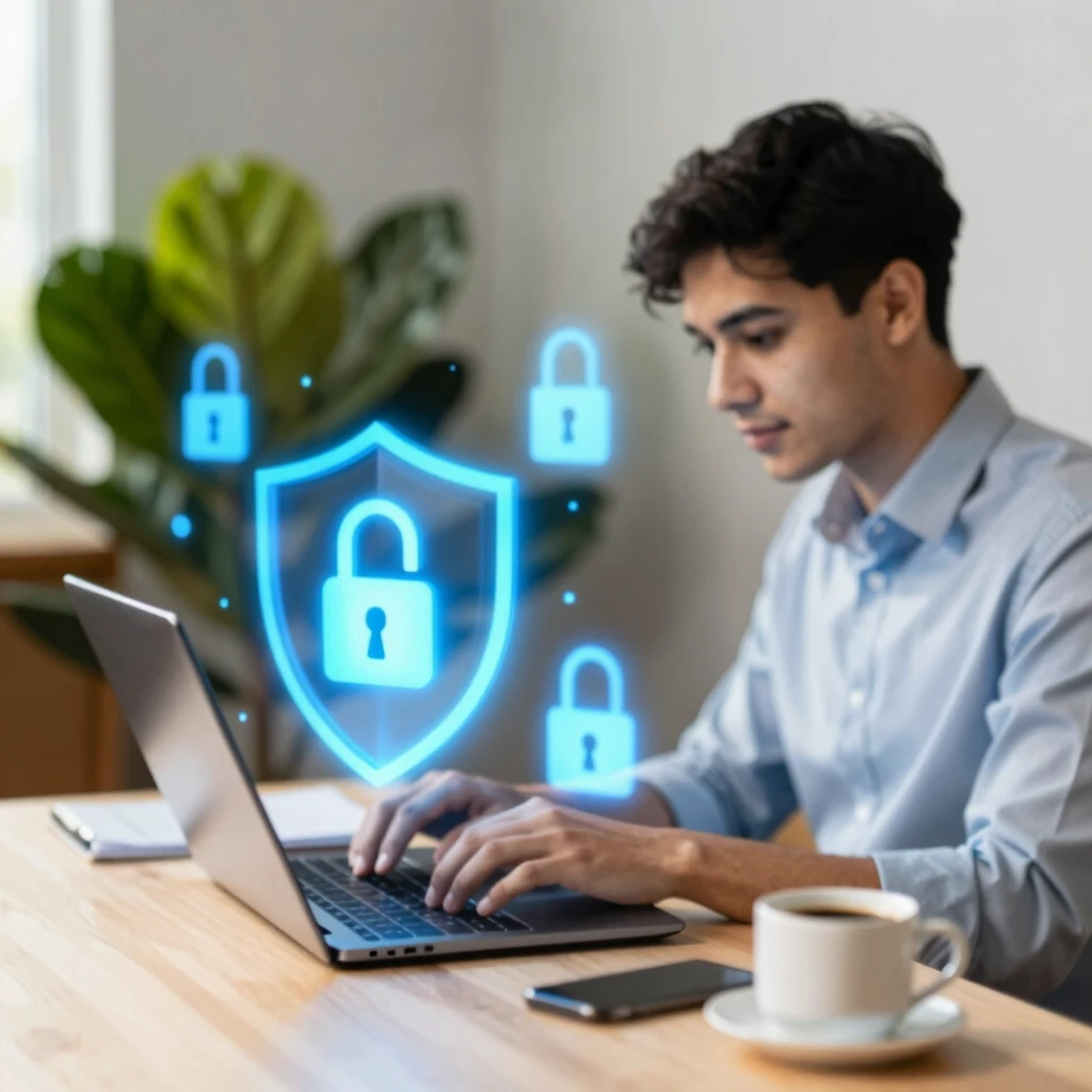 A person securing their online privacy with protective digital shields in 2025