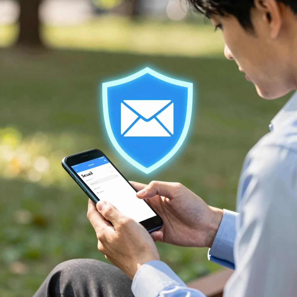 Person using secure email on mobile device with privacy shield icon