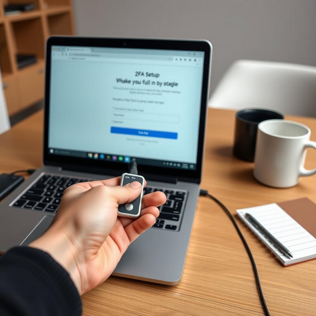 Hand holding a YubiKey plugged into a laptop displaying a 2FA setup page.