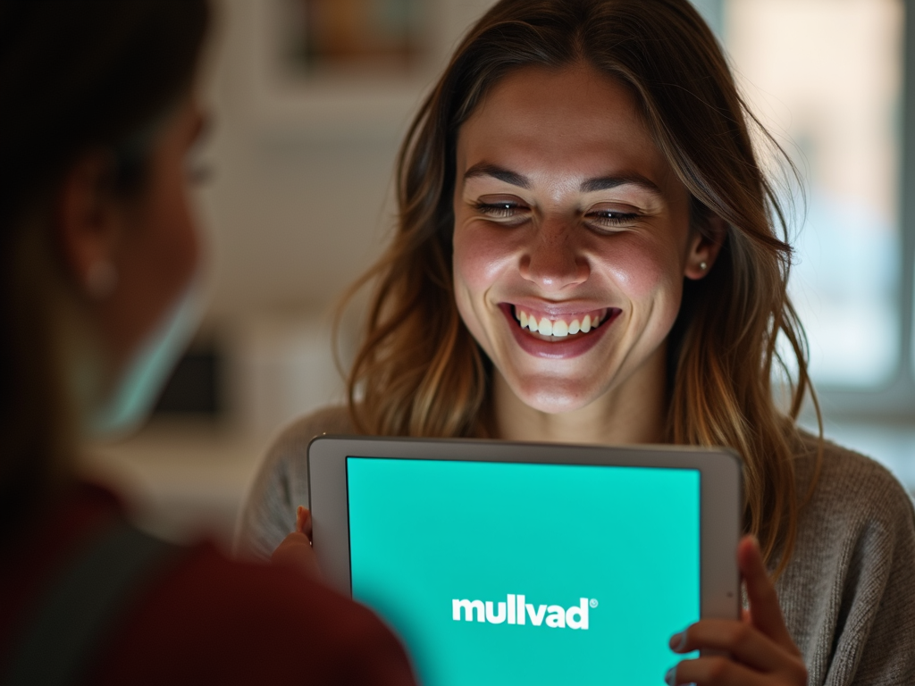 Person smiling at tablet with Mullvad logo