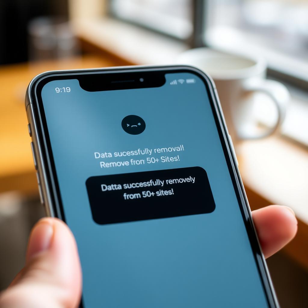 Smartphone displaying a data removal app notification about successful data removal, held in a hand with a coffee shop background.