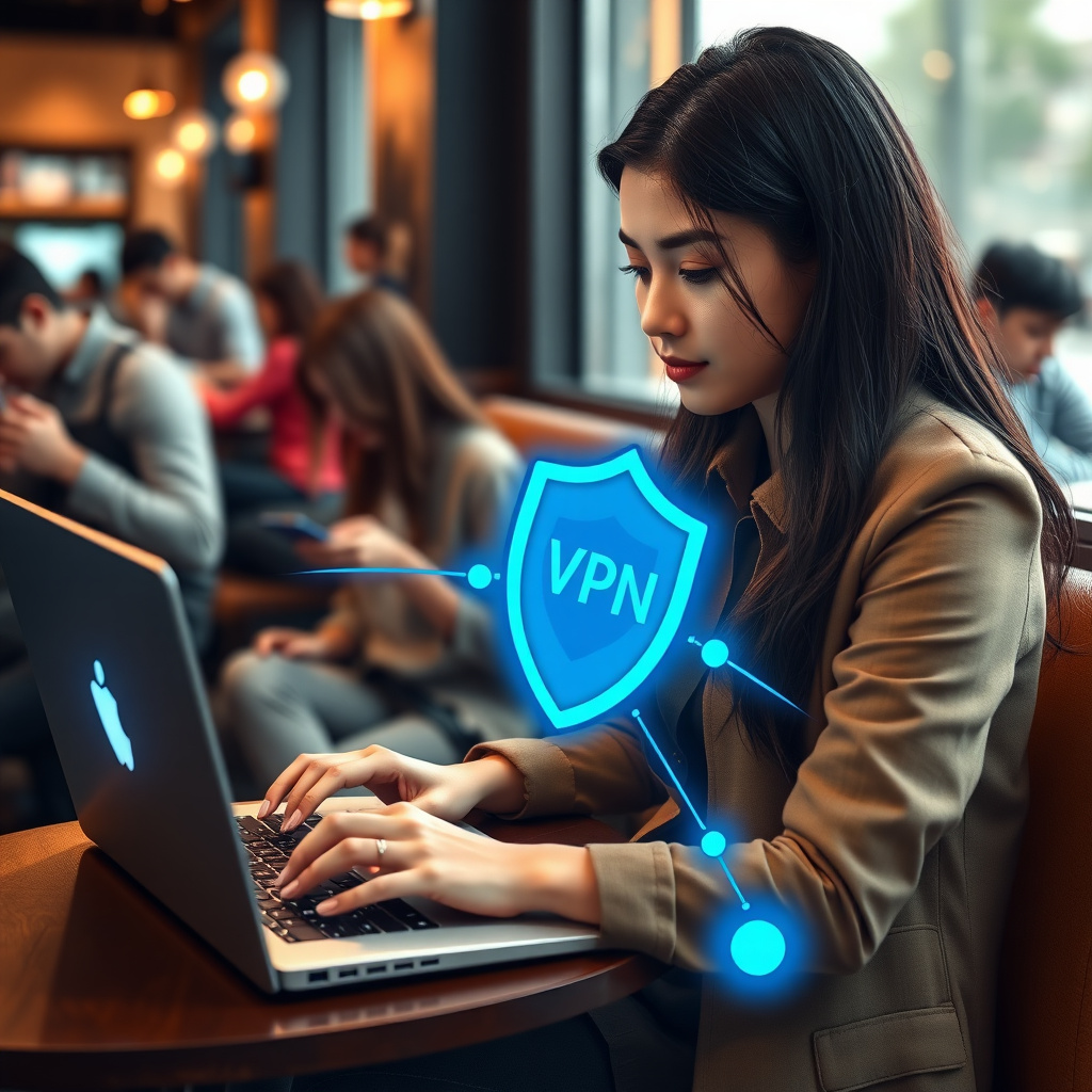 Woman securely browsing on public WiFi with VPN protection