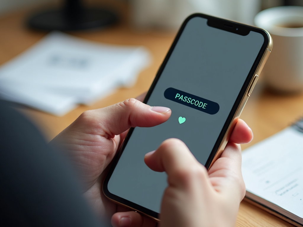 Person entering a passcode on a smartphone at a messy desk.