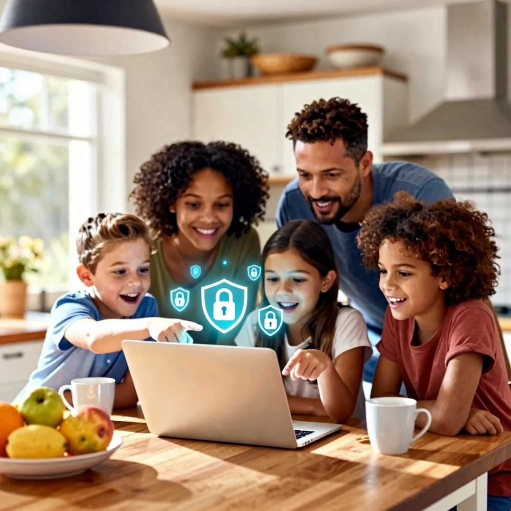 Family gathered around a laptop discussing online safety at home