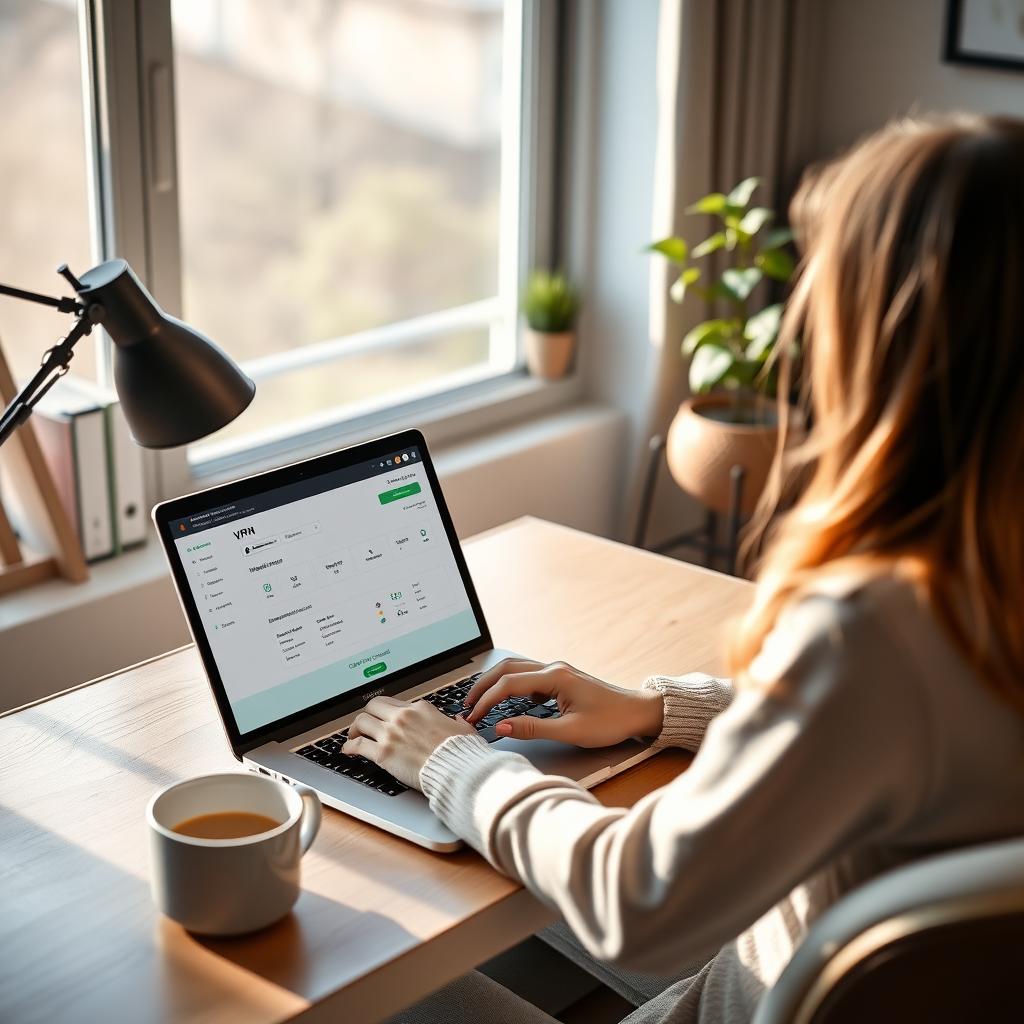 Person using a laptop with a VPN interface in a cozy home office