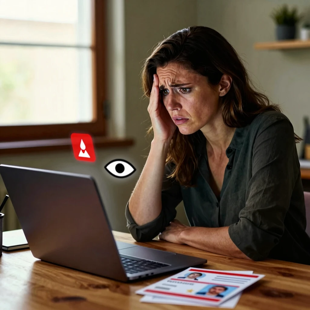 Woman concerned about data breaches on her laptop