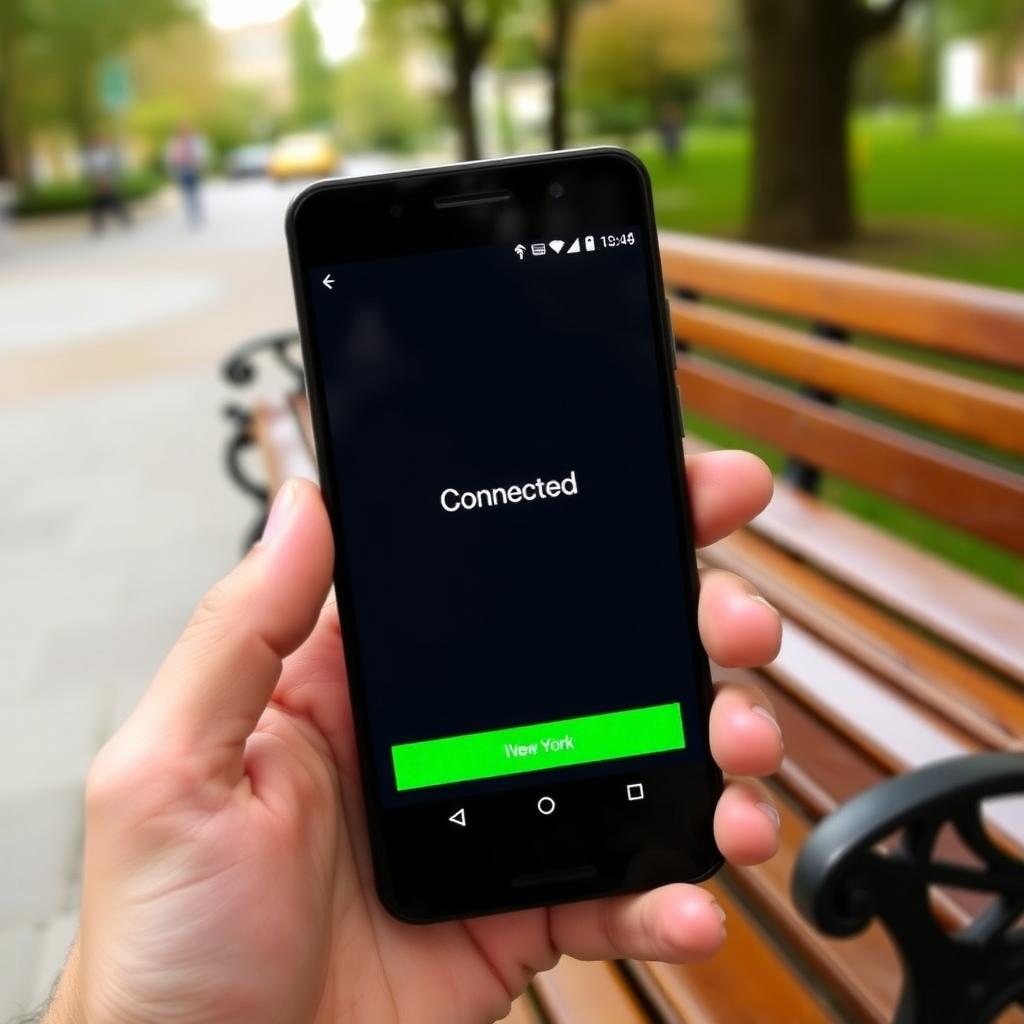 Android phone with IVPN connected, park bench in background.