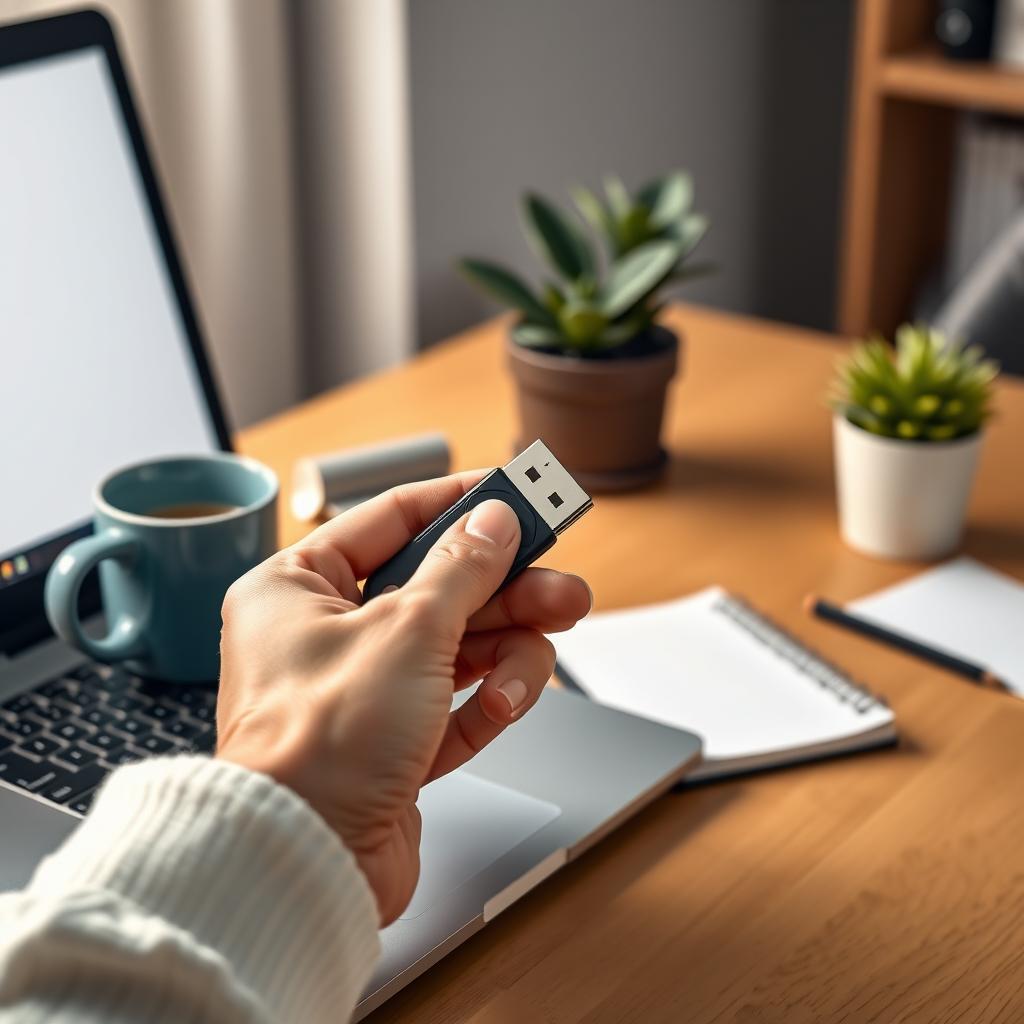 Hand plugging a YubiKey security key into a laptop in a cozy home office.