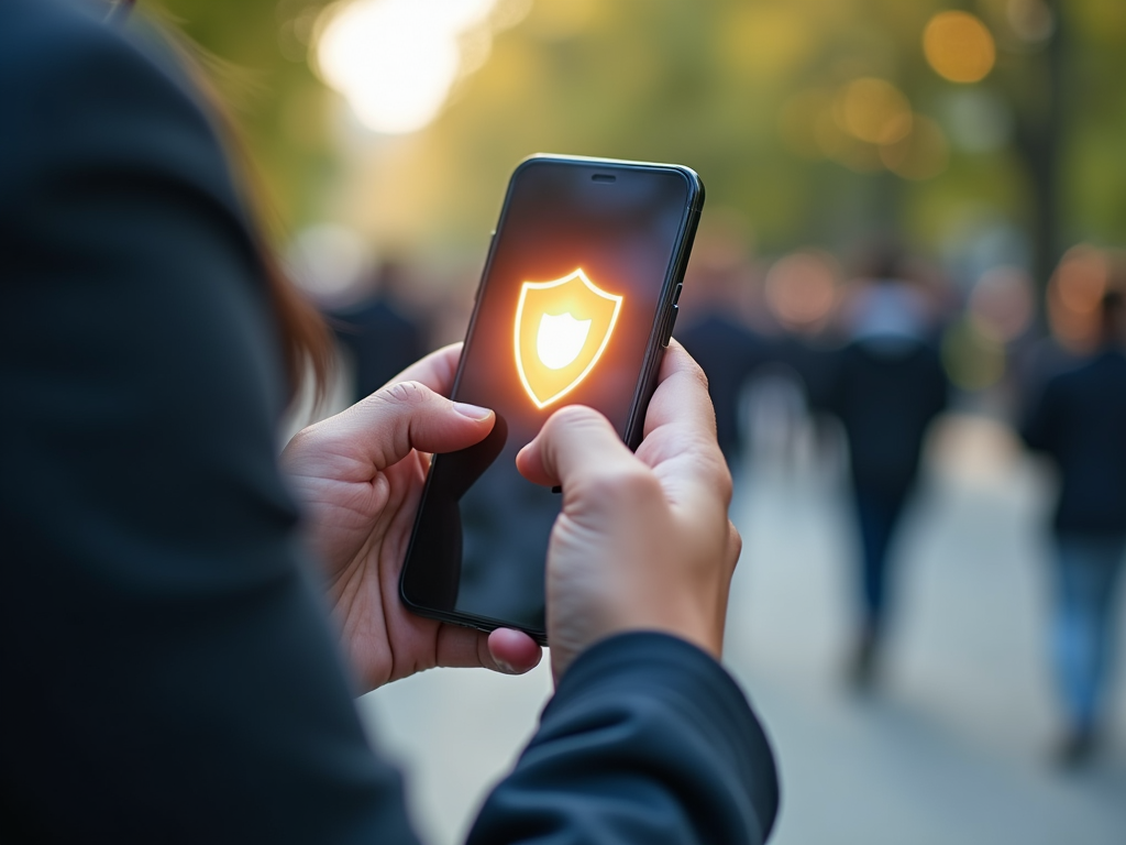 Person with smartphone showing shield icon in a park
