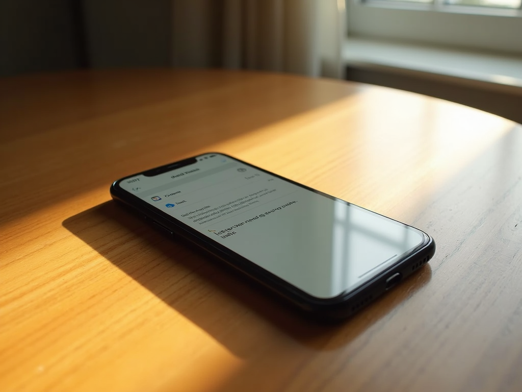 Smartphone on a wooden table showing the Dust app with a disappearing message, in a bright room.