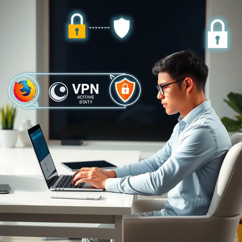 Person using laptop with active VPN and secure browser for online privacy