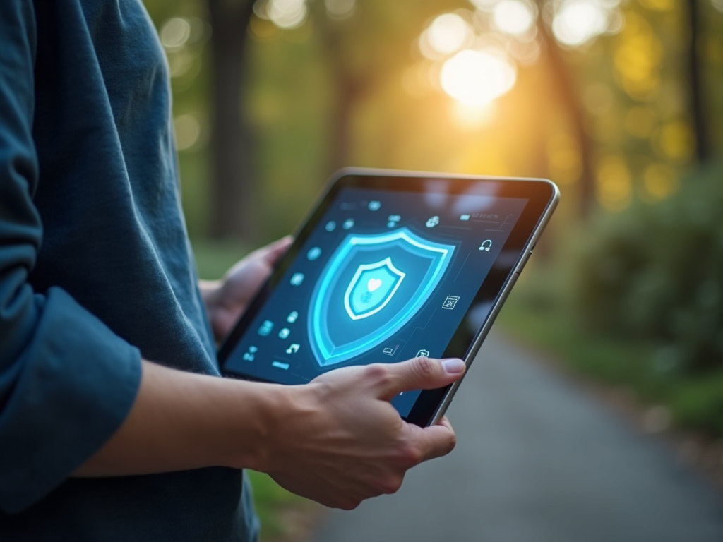 Tablet with shield icon for online security