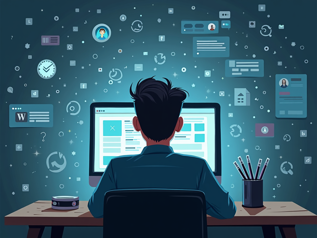 Person looking worried at laptop with data icons swirling.