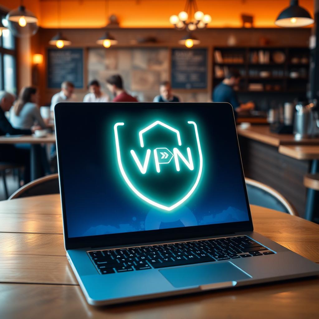 Laptop displaying a VPN logo in a cozy coffee shop setting
