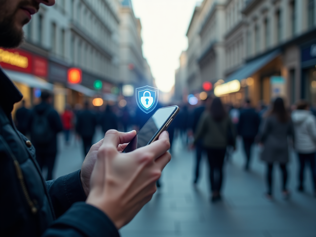 Person using VPN on smartphone in public