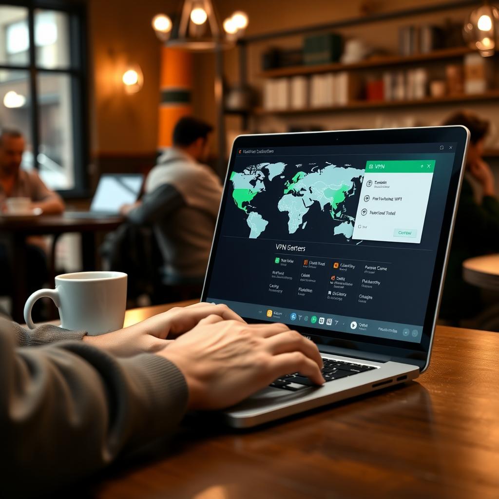 Person using a laptop with a VPN interface in a cozy coffee shop