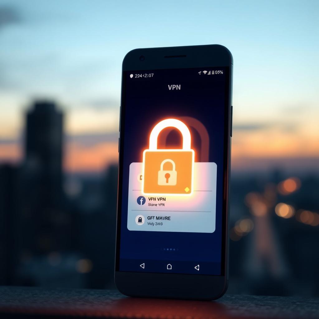 Android smartphone showing a VPN app with a padlock icon, representing online security