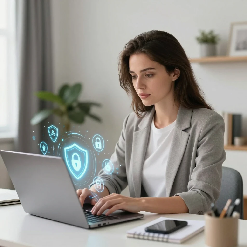 Woman using online privacy tools on her laptop in a secure digital environment